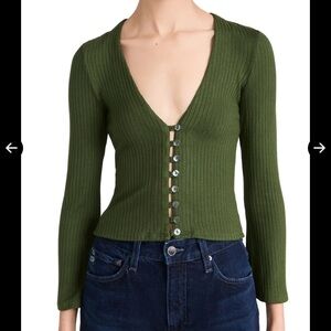 Reformation Gellar Green Ribbed Button-Up Top